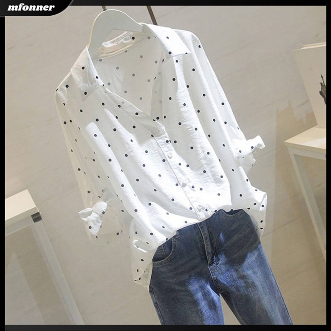 Áo Sơ Mi Nữ Tay Lửng Cổ Chữ V Họa Tiết Chấm Bi Thời Trang