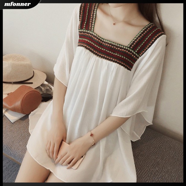 Áo Chiffon Mỏng Dáng Rộng Cổ Chữ U Thêu Họa Tiết Thổ Cẩm Thời Trang Mùa Hè Cho Nữ