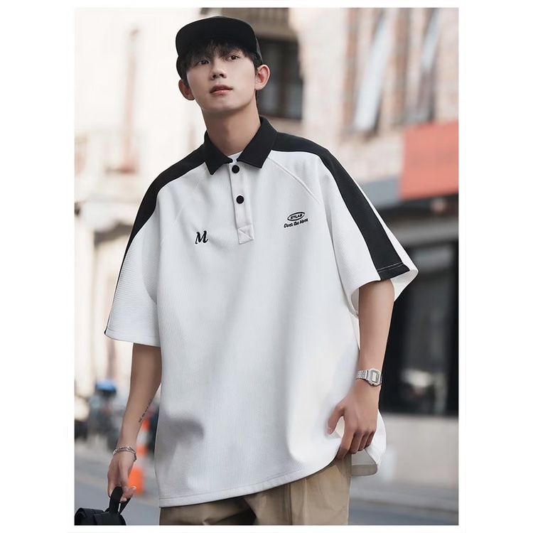 Áo polo Tay Ngắn Dáng Rộng Phối Màu Tương Phản Thời Trang Mùa Hè Phong Cách Mỹ Cho Nam