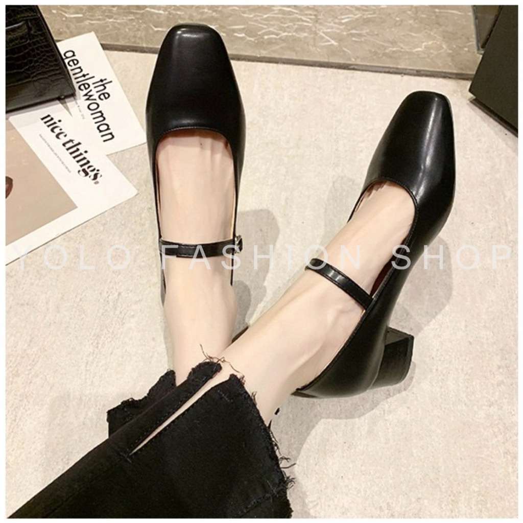 Giày cao gót Marry Jane quai cài đế trụ 4p, mũi vuông dáng basic hàng VNXK chuẩn hịn da mềm êm chân- GC42