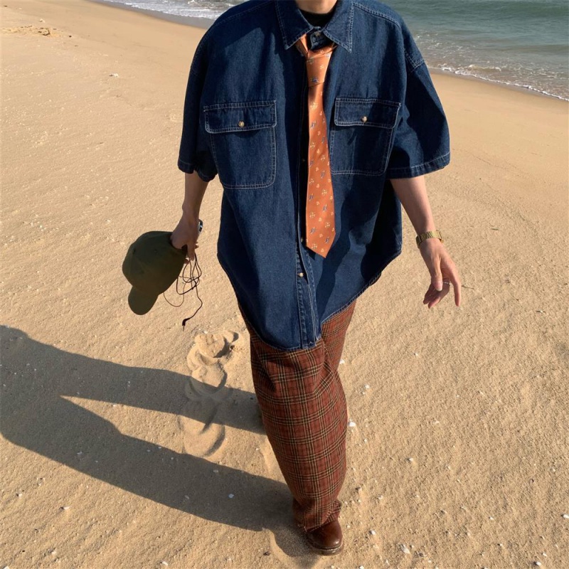 Áo Sơ Mi Denim Tay Ngắn Phong Cách Nhật Bản Thời Trang Mùa Hè Hàng Mới 2023 Dành Cho Nam