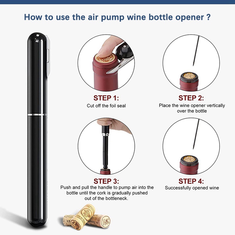 Nâng cấp 2 cái Túi an toàn Máy bơm không khí di động Corkscrew Áp suất không khí Rượu Corkscrew Thép không gỉ