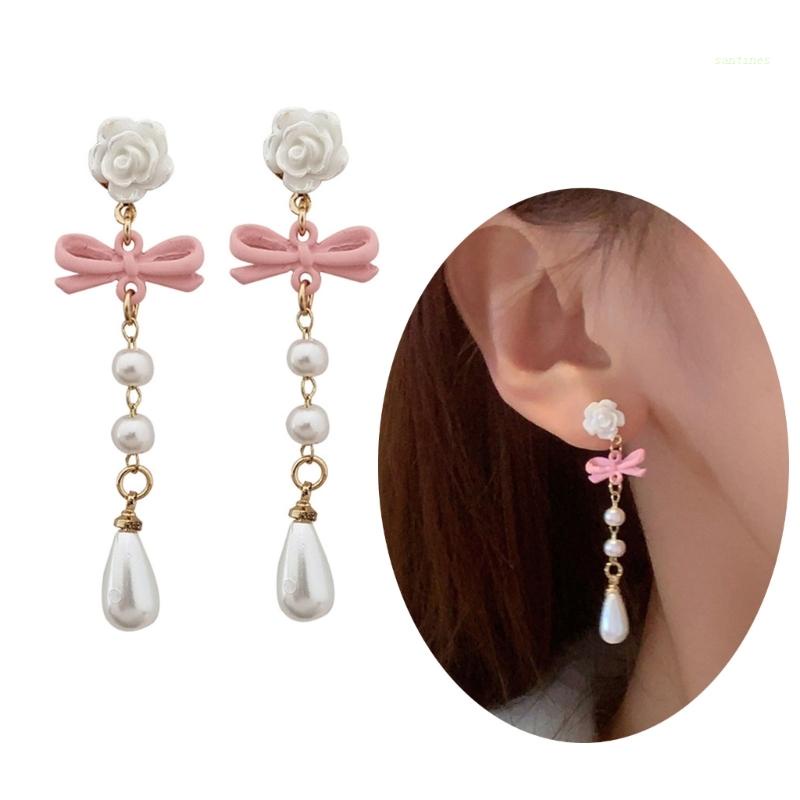 Bông Tai Chuỗi Dáng Dài Đính Nơ Và Ngọc Trai Thời Trang Dự Tiệc Cho Nữ