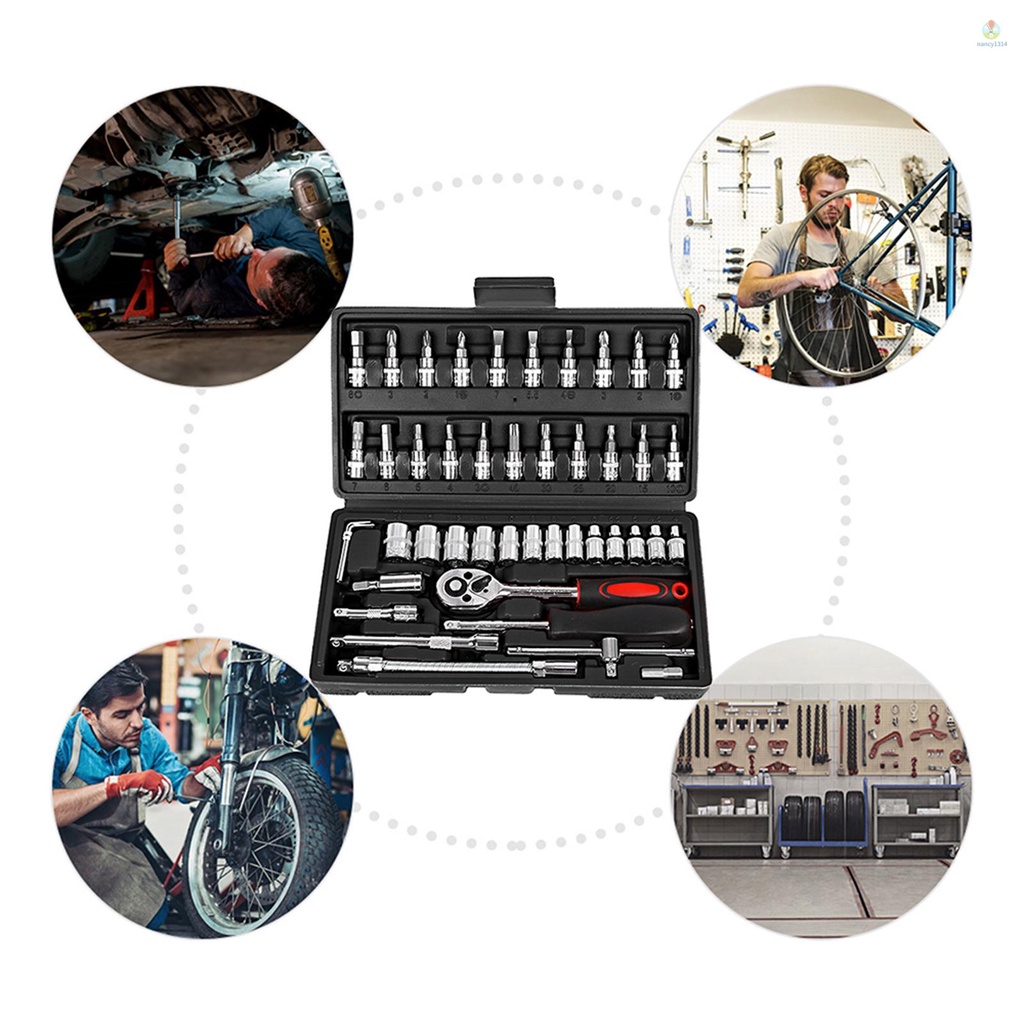 Bộ 46 Dụng Cụ Sửa Chữa Ổ Đĩa 1 / 4 inch Có Hộp Đựng Cho Xe Hơi Xe Đạp