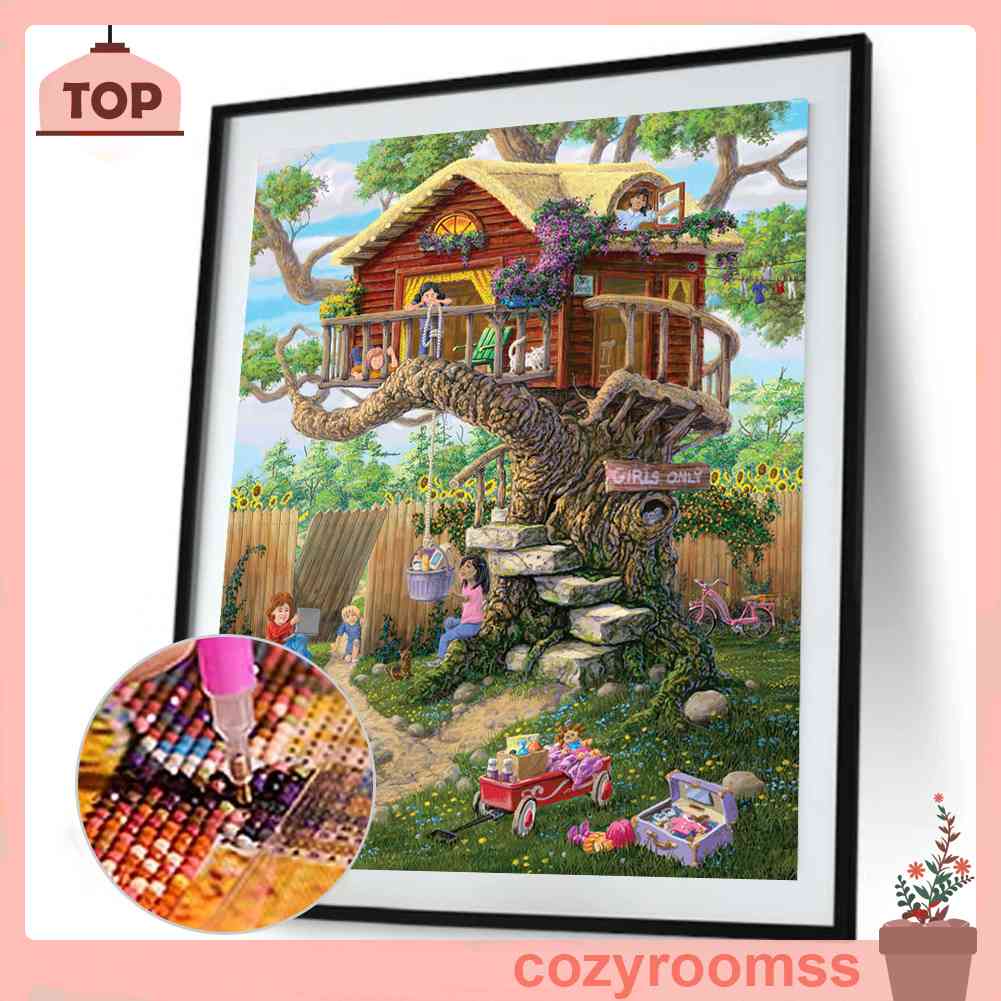Tranh Đính Đá Kim Cương Toàn Bộ 5D DIY Hình Vẽ Ngôi Nhà Trên Cây