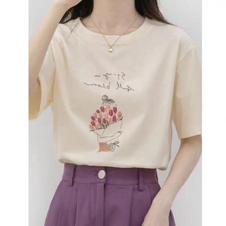 Áo Thun 100% Cotton Tay Ngắn Cổ Tròn Dáng Rộng Phong Cách Hàn Quốc Cho Nữ