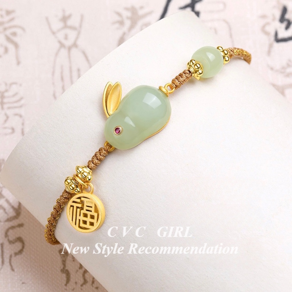Vòng Tay Dây Rút Đính Ngọc Bích Giả Hình Thỏ Hetian Nhẹ Nhàng Sang Trọng Thương Hiệu Niche Fortune