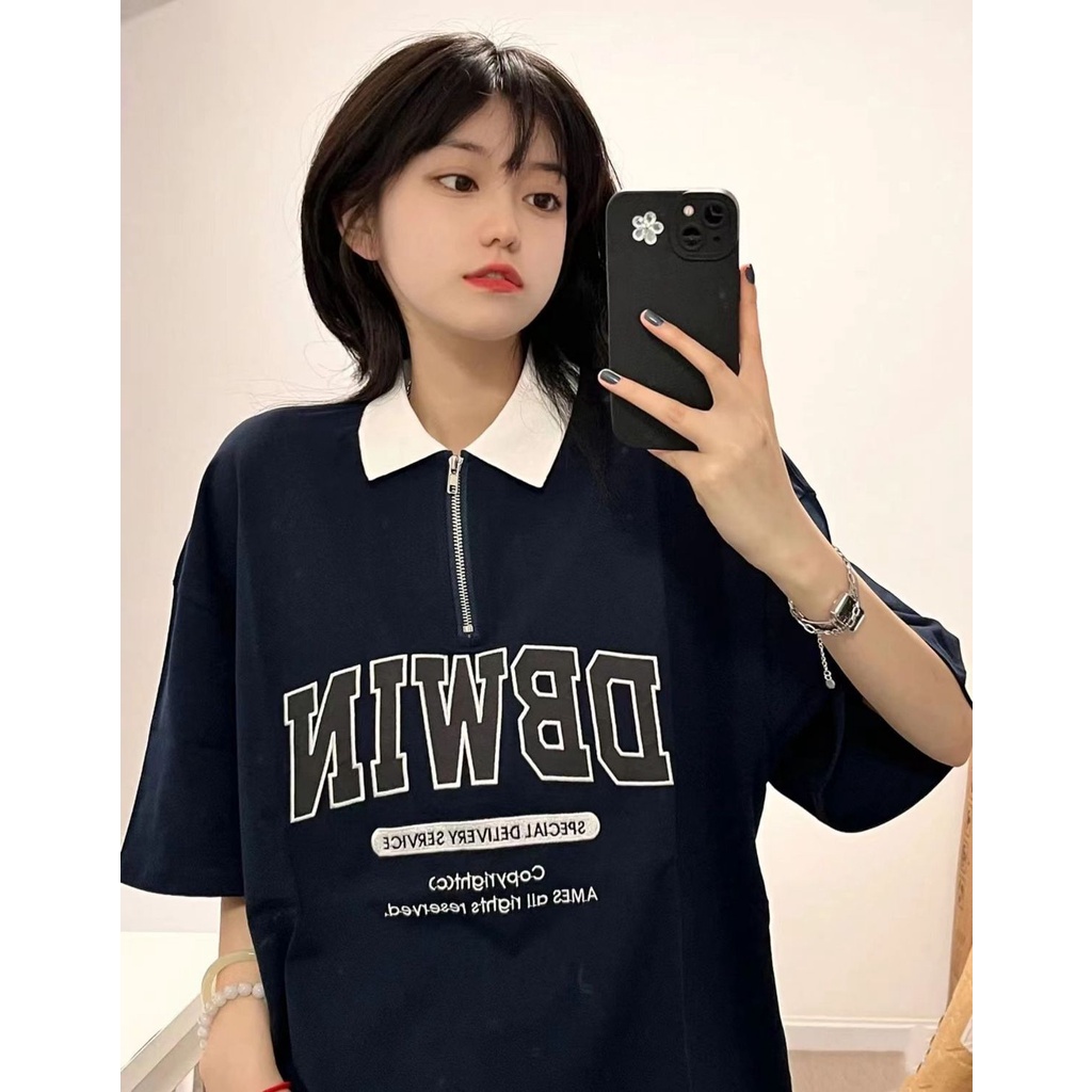 Áo polo Ngắn Tay Dáng Rộng Phối Khóa Kéo Thời Trang Mùa Hè Dành Cho Nữ