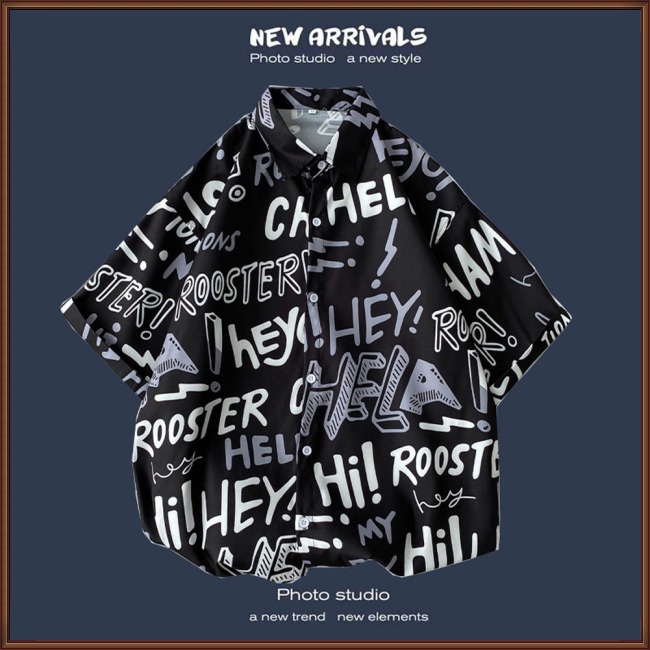 Áo Sơ Mi Nam Tay Ngắn Dáng Rộng In Chữ Phong Cách Hong Kong Thời Trang Mùa Hè