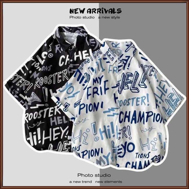 Áo Sơ Mi Nam Tay Ngắn Dáng Rộng In Chữ Phong Cách Hong Kong Thời Trang Mùa Hè