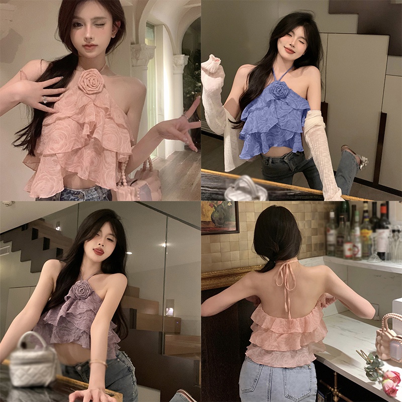 Áo Croptop Vải Voan Phối Bèo In Hoa Thời Trang Quyến Rũ Cho Nữ