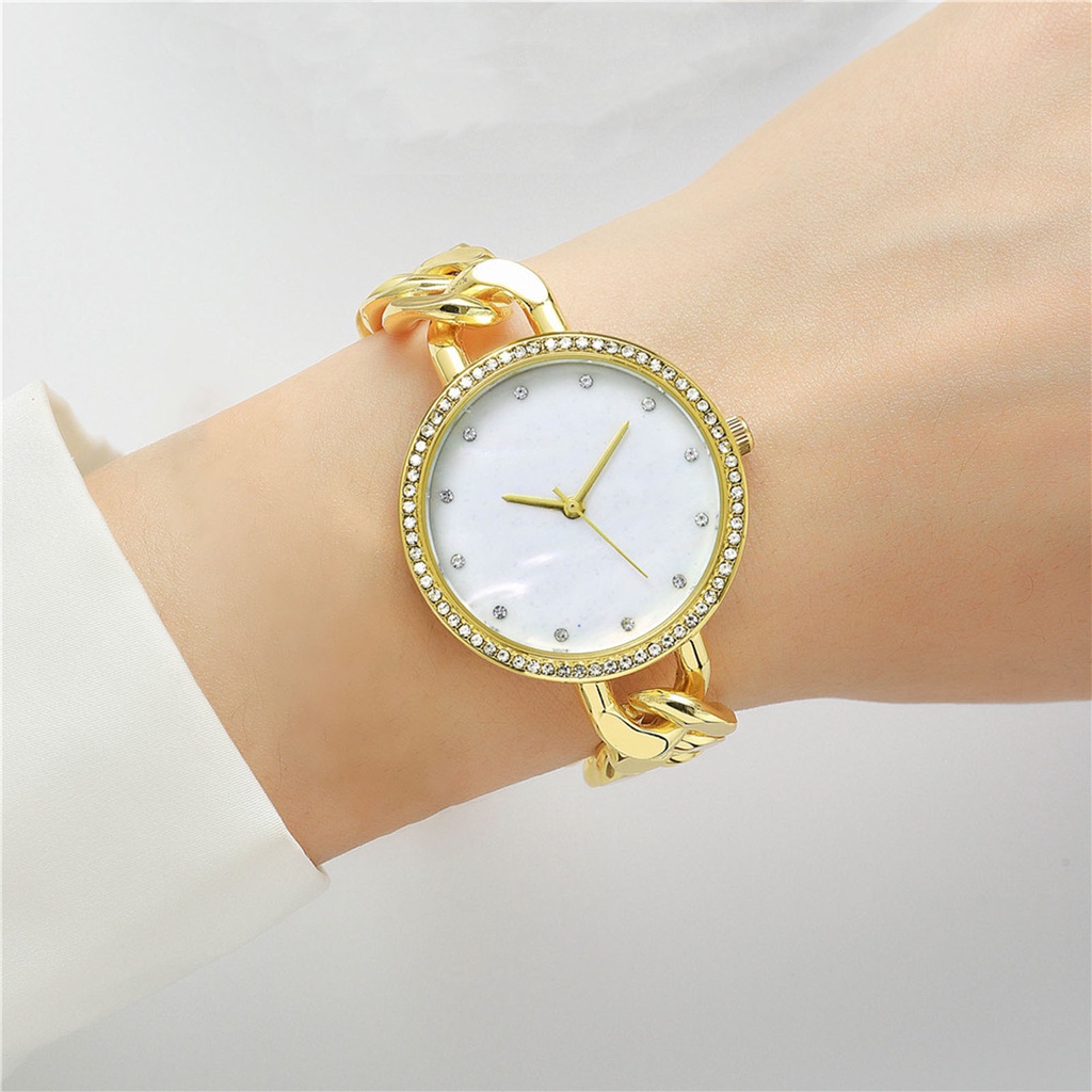 Đồng Hồ Đeo Tay Mặt Tròn Đính Đá Zircon Thời Trang Cho Nữ