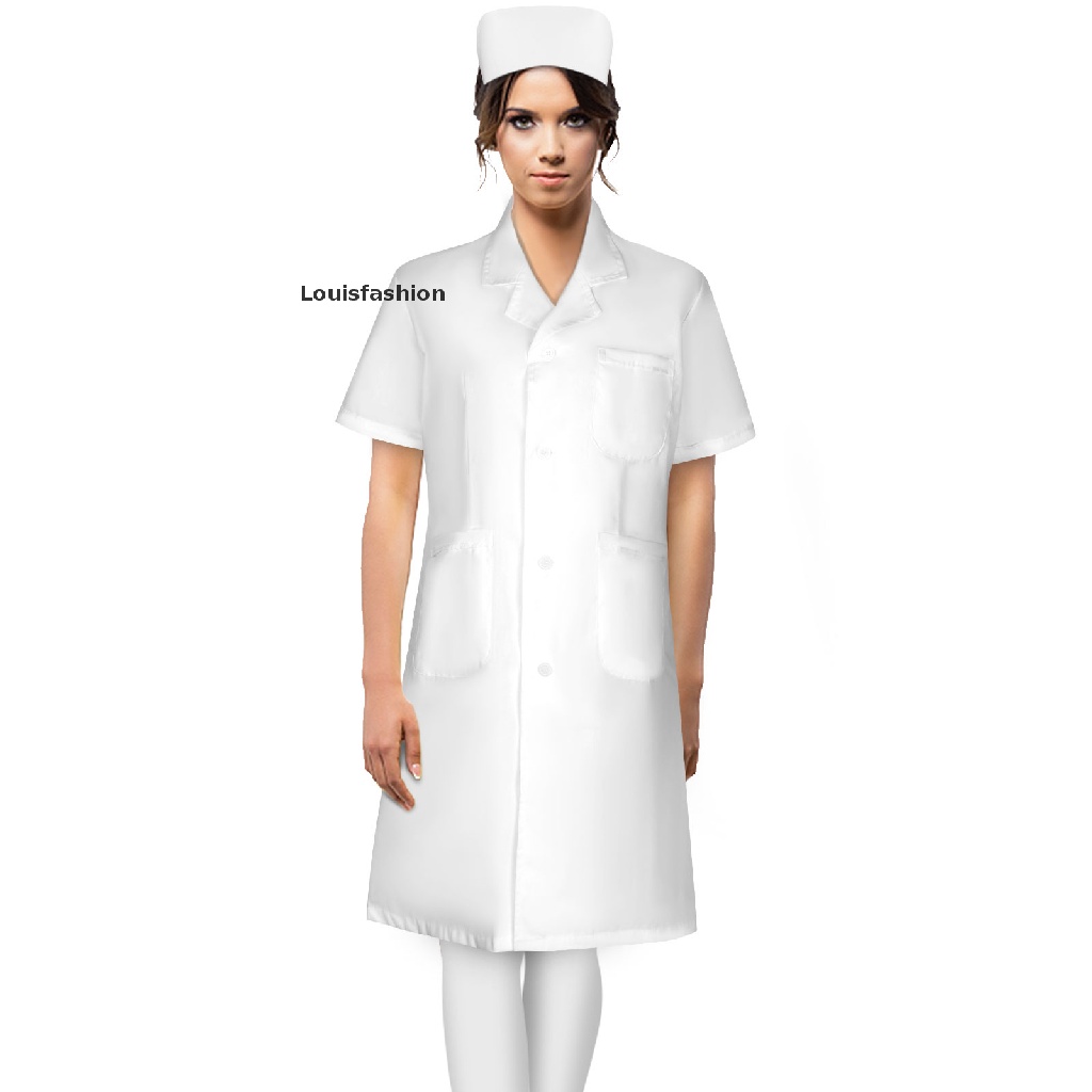 Bộ Đồ Y Tá Áo Khoác Tay Ngắn Cổ Vest Màu Trơn Kèm Mũ Louisfashion YTH