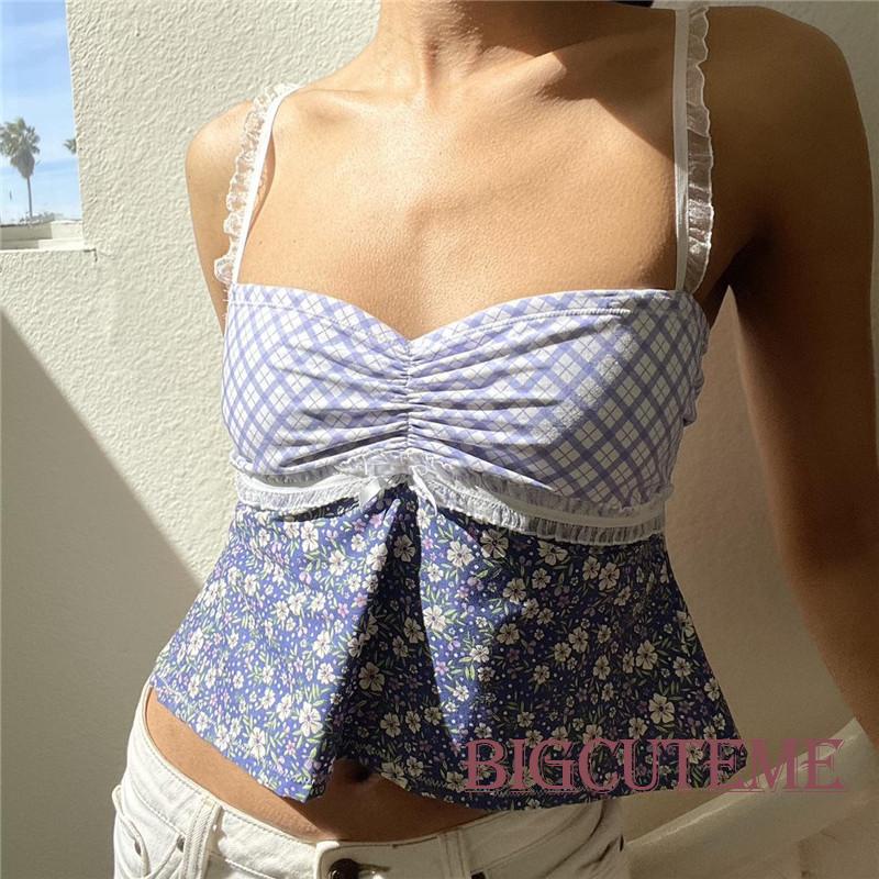 Áo Croptop Hai Dây Phối Ren Họa Tiết Hoa Thời Trang Mùa Hè Cho Nữ