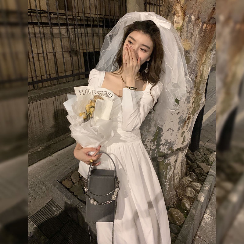 Đầm Trắng Dài Tay Lãng Mạn Thời Trang Mùa Thu Pháp Mới Cho Nữ