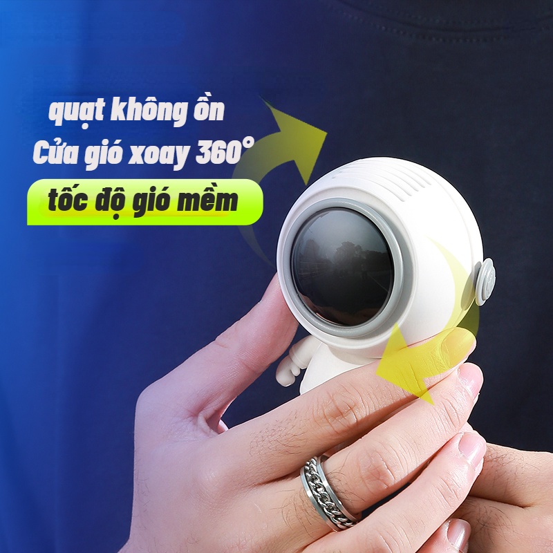 Quạt cầm tay phi hành gia mini sạc USB, thiết kế dây buộc, hướng gió xoay 360 °, dễ thương và di động