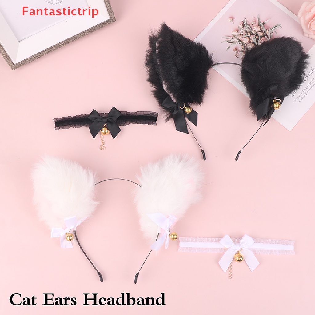 1 Cặp Vòng Cổ / Băng Đô Tai Mèo Bằng Lông Nhung Đính Chuông / Nơ Dễ Thương Xinh Xắn Cho Bạn Gái