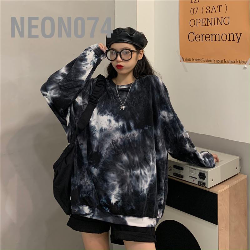 Neon074 Áo sơ mi nữ dài tay Tie Dye chui đầu cổ tròn Dáng rộng thoải mái khi mặc hàng ngày