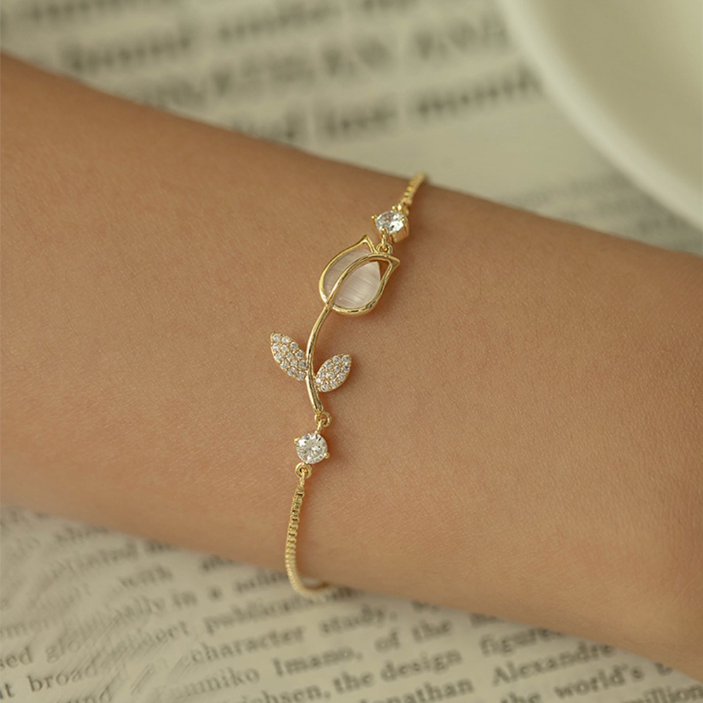Vòng đeo tay 17KM mạ vàng mặt hoa tulip đính đá opal thanh lịch có thể điều chỉnh cho nữ