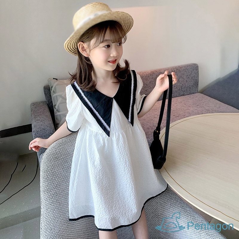 Đầm Ngắn Tay Màu Trơn Thoáng Khí Thời Trang Mùa Hè Hàn Quốc Dành Cho Bé Gái 3-8 Tuổi