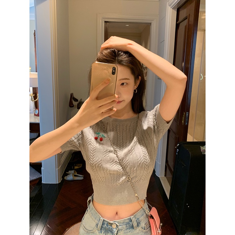 Áo Thun Dệt Kim Cổ Tròn Thêu Hình Quả Cherry Thời Trang Mùa Hè Mới Cho Nữ