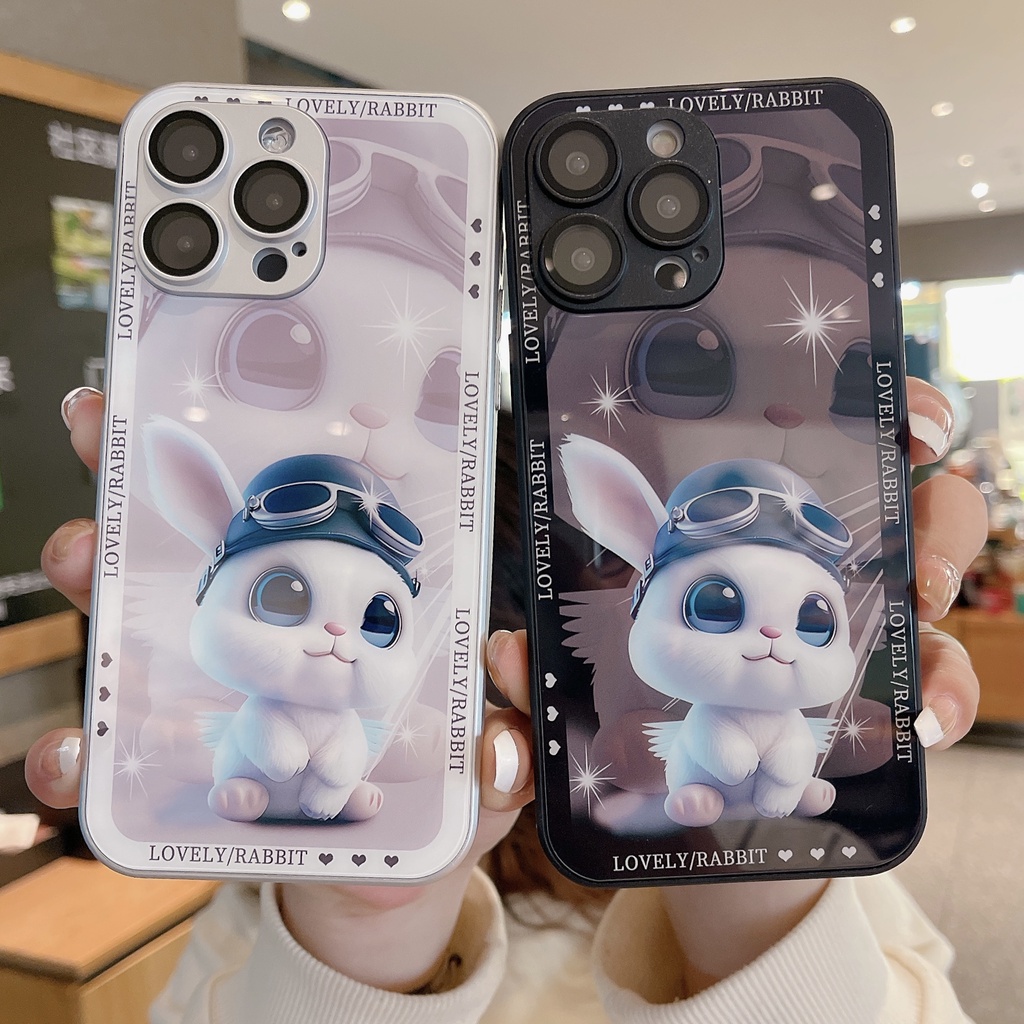 Ốp Điện Thoại Mặt Kính Viền TPU Dẻo Họa Tiết Chú Thỏ Dễ Thương Cho iPhone 11 12 13 14 PRO MAX XR XS 7 8 Plus