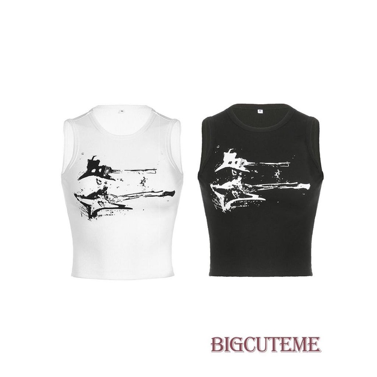 Áo Croptop Dệt Kim Sát Nách In Họa Tiết Guitar Thời Trang Mùa Hè Cho Nữ