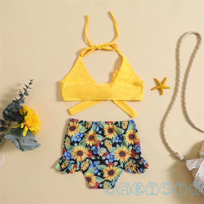 Bộ Đồ Bơi Bikini 2 Mảnh Buộc Dây Màu Trơn In Họa Tiết Hoa Hướng Dương Cho Bé Gái