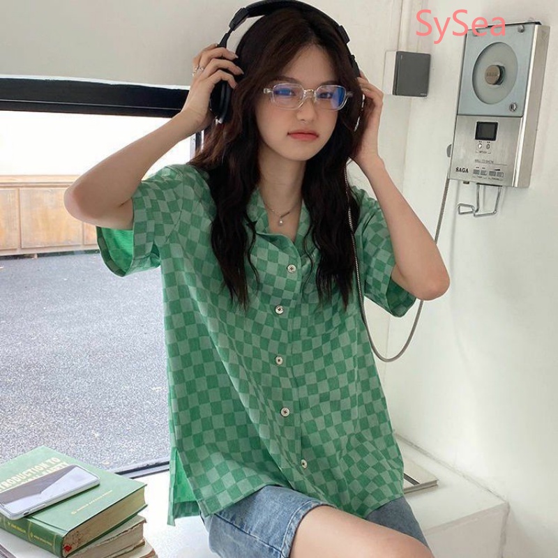 Áo Sơ Mi Tay Ngắn Dáng Rộng Họa Tiết Sọc Caro Thời Trang Mùa Hè Cho Nữ