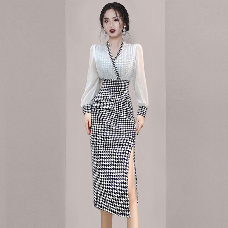 Đầm Xẻ Tà Màu Trắng Đen Thời Trang Mùa Xuân 2023 Sang Trọng Cho Nữ