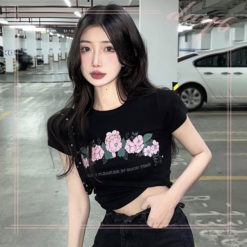 Áo Thun Nữ Ngắn Tay Cổ Tròn In Hoa Phong Cách Hàn Quốc