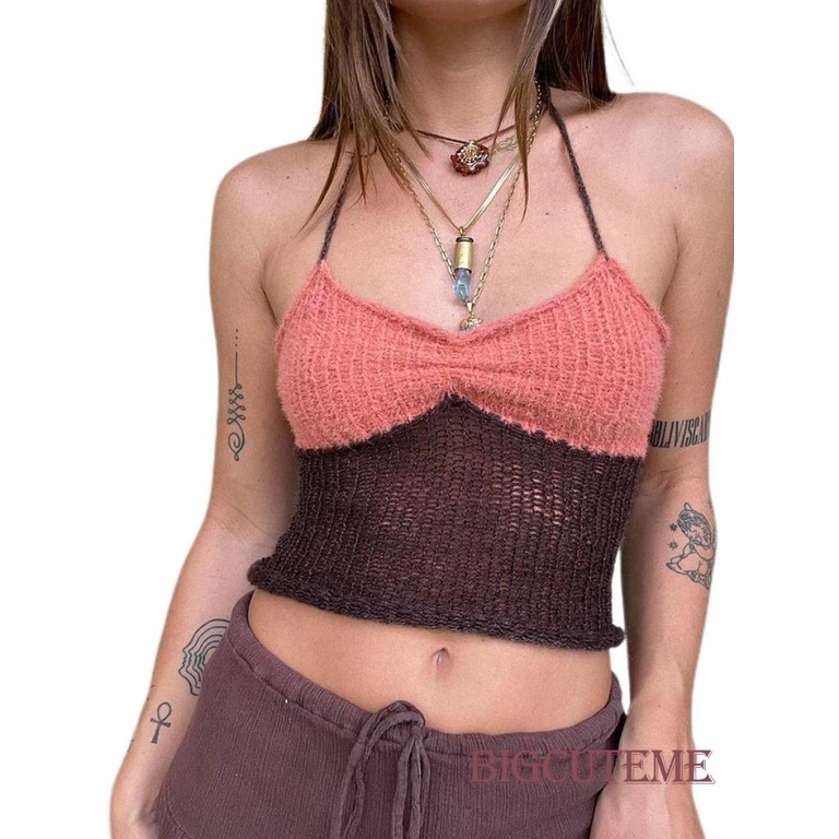 [] - Áo Croptop Dệt Kim Không Tay Ôm Dáng Vừa Vặn Màu Sắc Tương Phản Cho Nữ