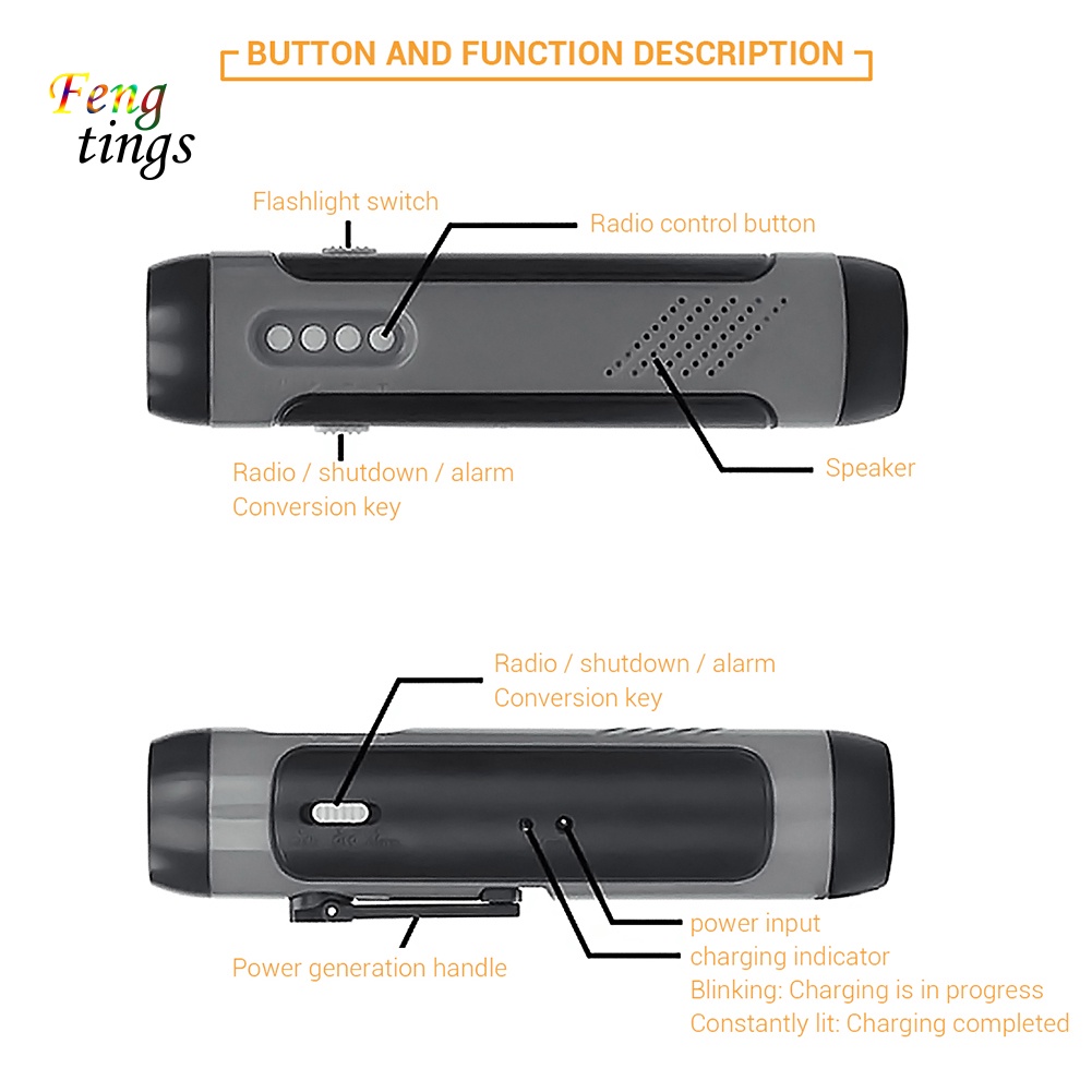 Đèn Pin LED Kiêm Radio / Báo Động Khẩn Cấp Đa Năng Kèm Cáp USB