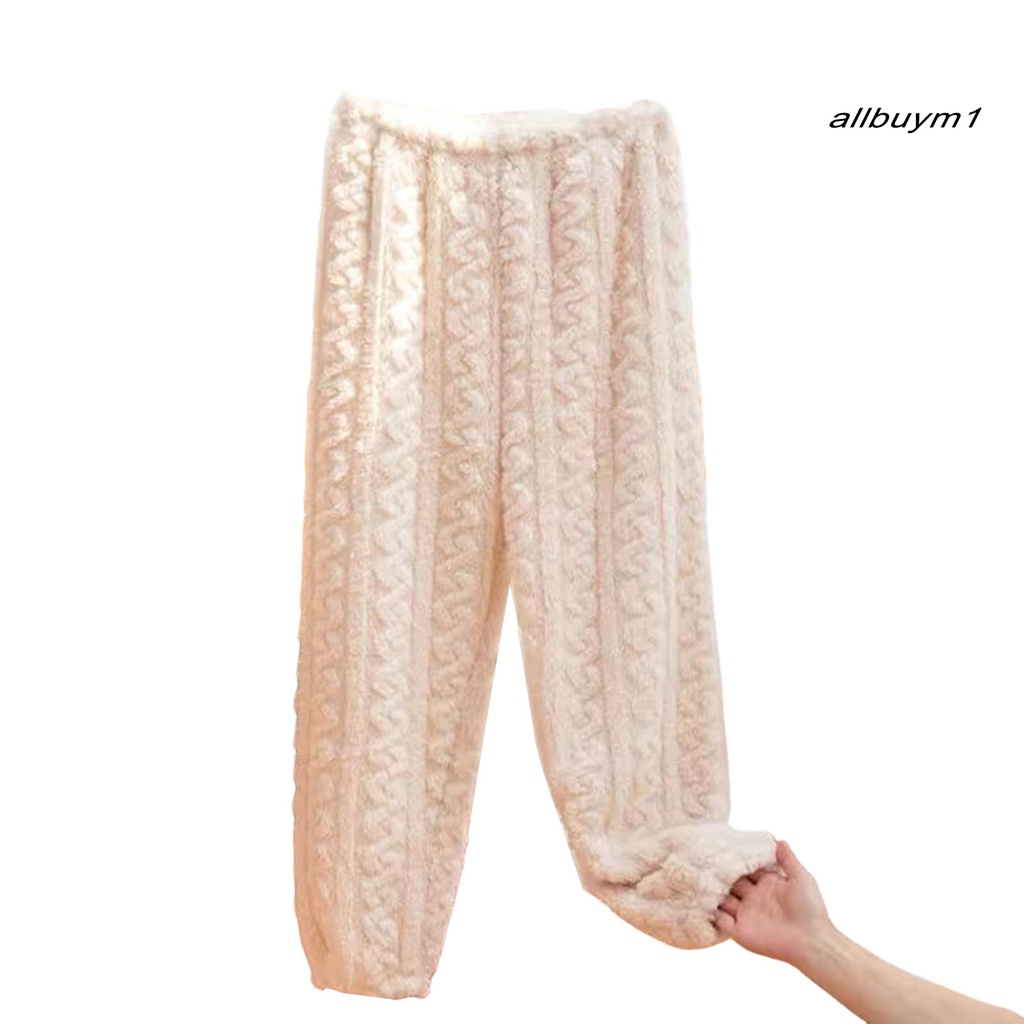 Quần Ngủ Lông Cừu San Hô Dày Dặn Ống Rộng Lưng Co Giãn Màu Trơn Mùa Đông Cho Nữ