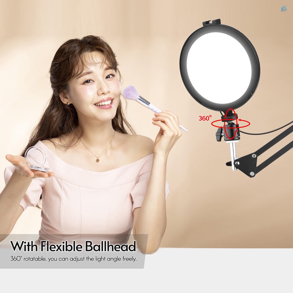 Bộ Đèn LED Tròn 6 Inch Andoer 2 * 5600K USB Kèm Giá Đỡ Kim Loại Để Bàn + 2 Đế Kim Loại Linh Hoạt