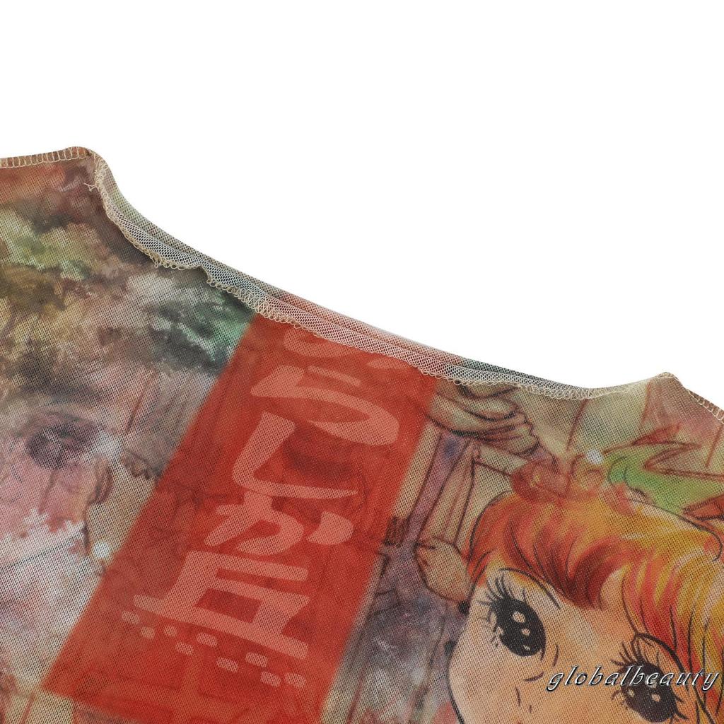 Áo Croptop Tay Dài Cổ Tròn Dáng Ôm In Họa Tiết Hoạt Hình Xinh Xắn Cho Nữ