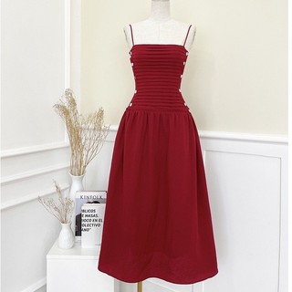 Đầm maxi 2 dây xếp li đính nút