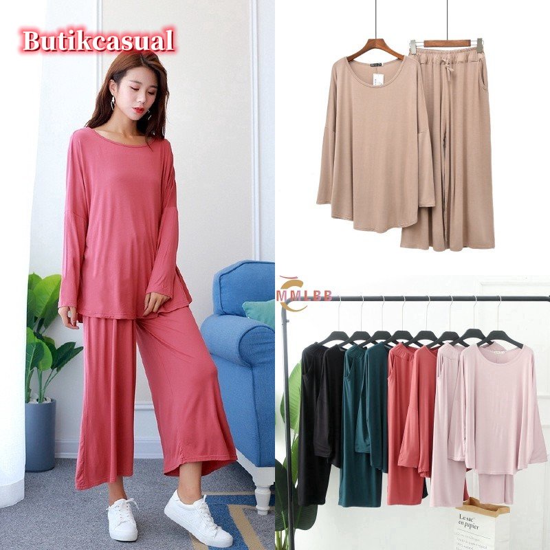 Bộ Đồ Ngủ 2 Món Áo Thun cotton Tay Dài Cổ Tròn Phối Quần Dài Ống Rộng Màu Trơn Thời Trang Mùa Hè
