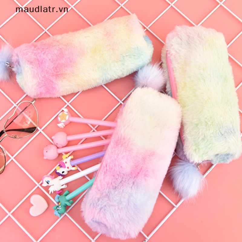 Túi Đựng Bút Bằng Lông Nhung Màu Gradient Có Khóa Kéo Cho Nữ