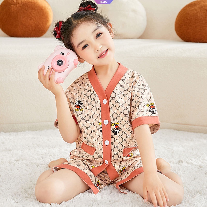 Bộ Đồ Ngủ Ngắn Tay Cổ Chữ V In Hoạt Hình Hello Kitty Mickey StellaLou Cho Bé Gái