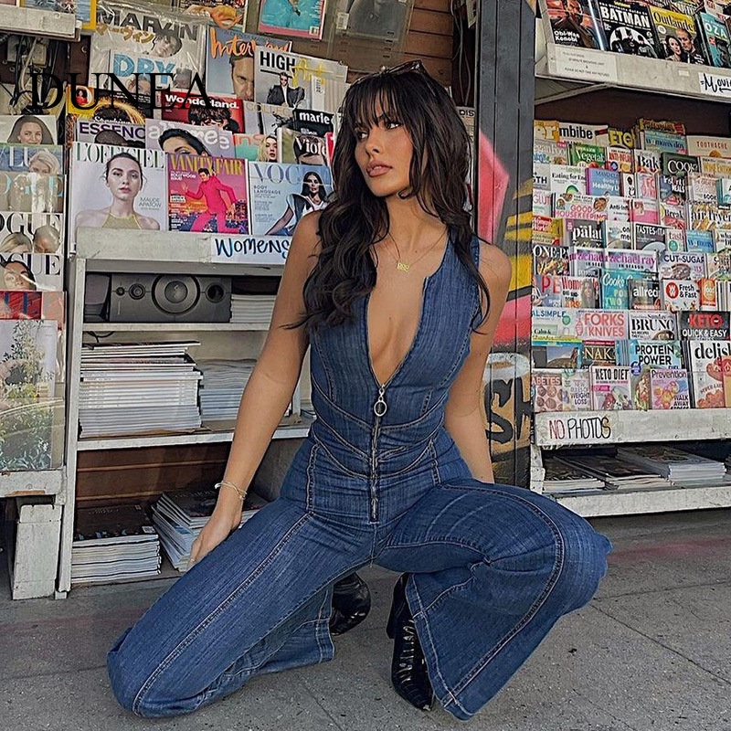DUNEA Áo liền quần Denim Lưng Cao Hở Lưng Phong Cách Vintage Quyến Rũ Cho Nữ