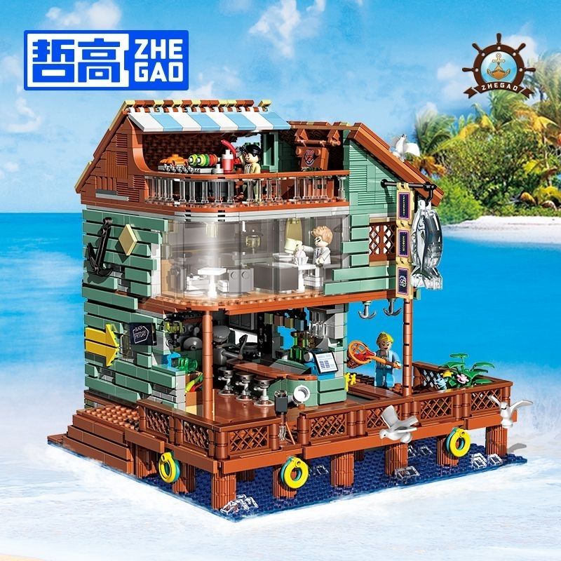 Zhegao Đồ Chơi Lắp Ráp Mô Hình Câu Cá Làng Hut Ngư Dân Wharf Harbor Nhà Hàng Cao Cấp