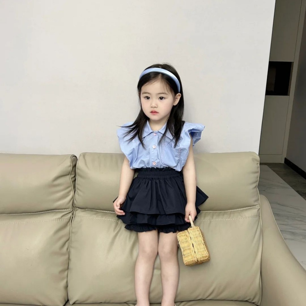 Bộ Áo Sơ Mi Không Tay + Quần Short Thời Trang Mùa Hè Hàn Quốc 2023 Mới Dành Cho Bé Gái