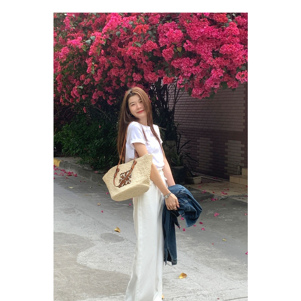 Quần jean SUXI ống rộng lưng cao viền tua rua thời trang mùa xuân cho nữ