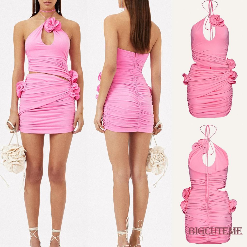 [] - Đầm Ôm Mini Không Tay Khoét Lỗ Hình Hoa 3D Màu Hồng Cho Nữ
