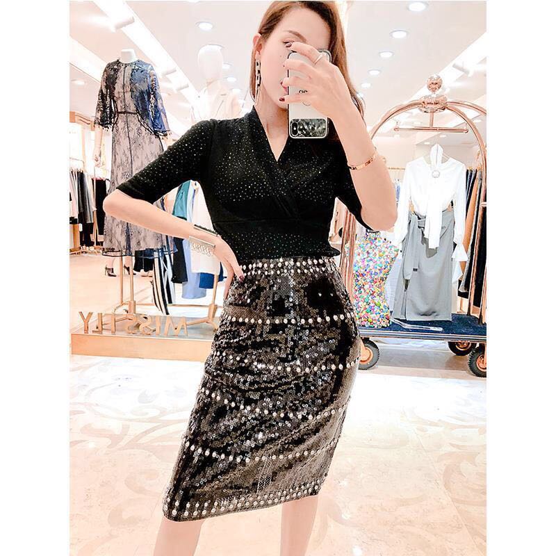 Chân Váy Đen Đính Sequin Lấp Lánh Thời Trang Vintage Cho Nữ