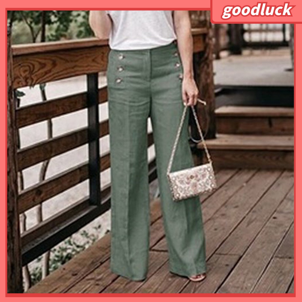 Quần Dài Vải Lanh Cotton Ống Rộng Cài Nút Màu Trơn Lưng Cao Thời Trang Cho Nữ