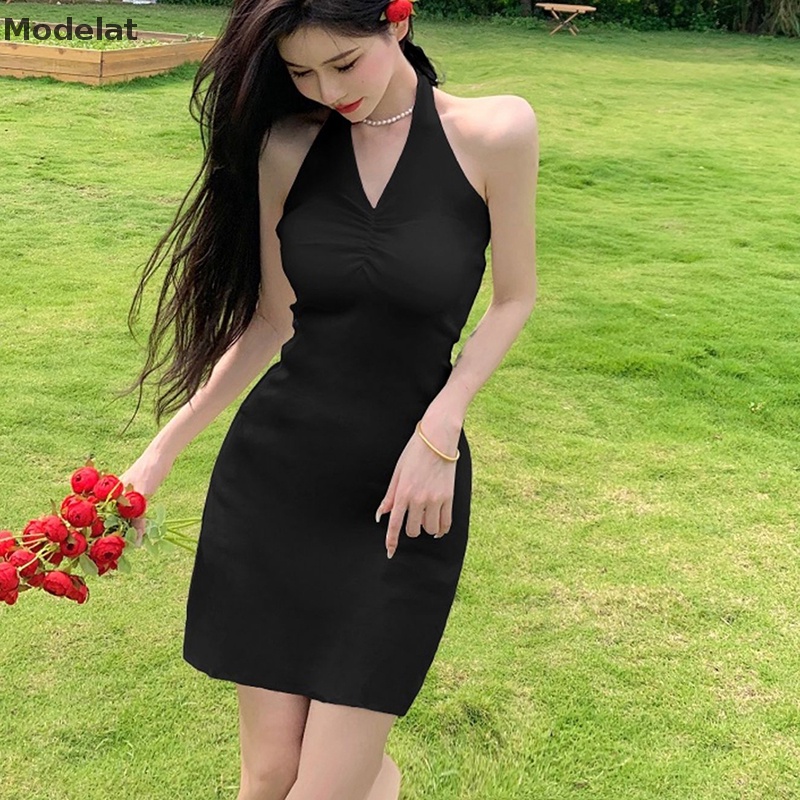 Đầm Hai Dây Cổ Chữ V Hở Lưng Màu Đen Thời Trang Mùa Hè Cho Nữ