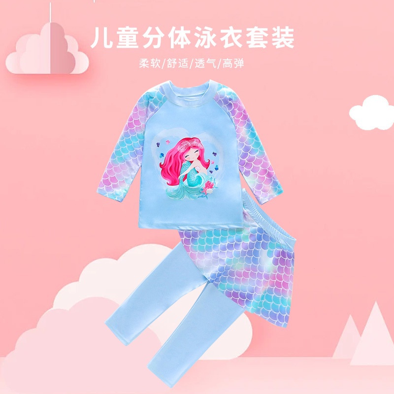 Bộ Đồ Bơi 2 Mảnh Áo Tay Dài + Quần Dài In Hình Nàng Tiên Cá Hoạt Hình Dành Cho Bé Gái