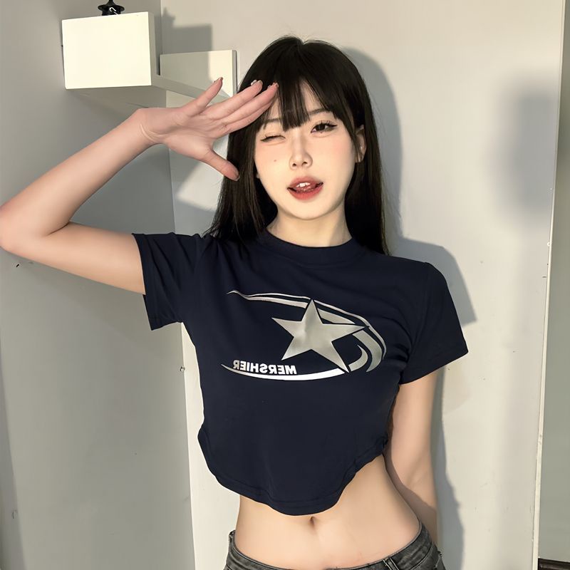 Áo baby tee Thun croptop nữ Ngắn Tay Lệch Vai In Hình Ngôi Sao Thời Trang